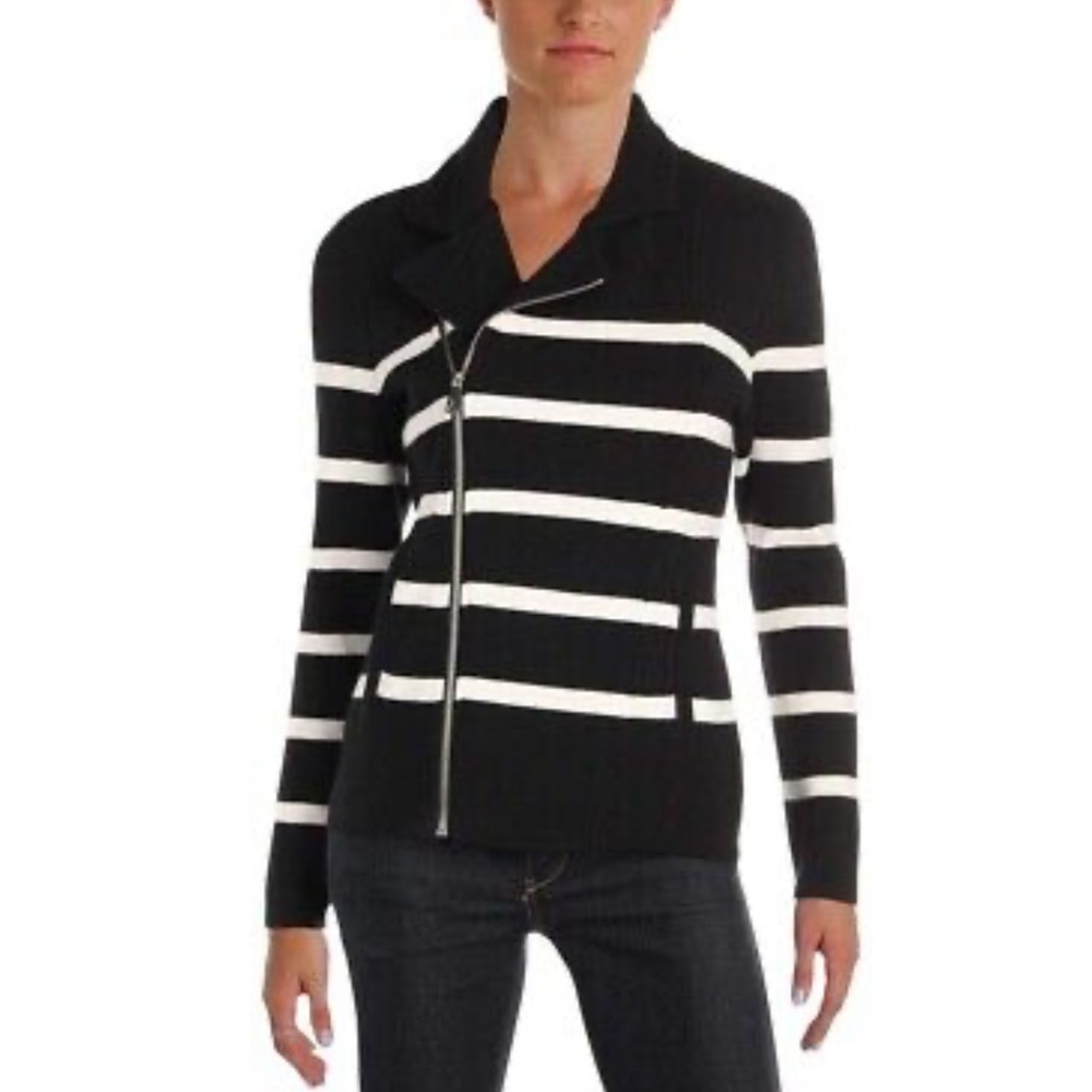 RALPH LAUREN Black White Stripe Moto Sweater Knit Jacket Petite Small PS SP $195